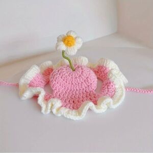 Crochet Small Pet Headband Hat Photo Prop with Flower - Pink and White